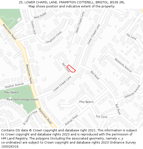 25, LOWER CHAPEL LANE, FRAMPTON COTTERELL, BRISTOL, BS36 2RL: Location map and indicative extent of plot