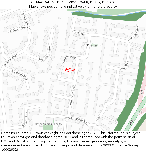 25, MAGDALENE DRIVE, MICKLEOVER, DERBY, DE3 9DH: Location map and indicative extent of plot
