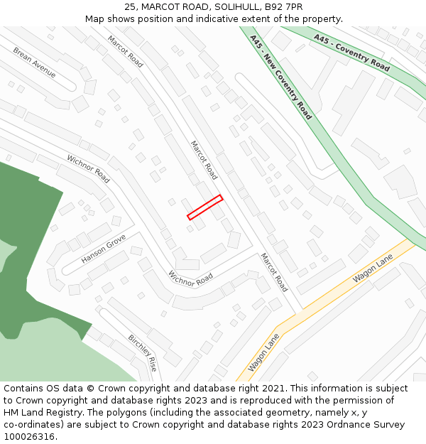 25, MARCOT ROAD, SOLIHULL, B92 7PR: Location map and indicative extent of plot
