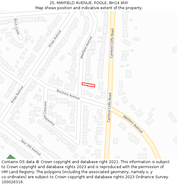 25, MAYFIELD AVENUE, POOLE, BH14 9NY: Location map and indicative extent of plot