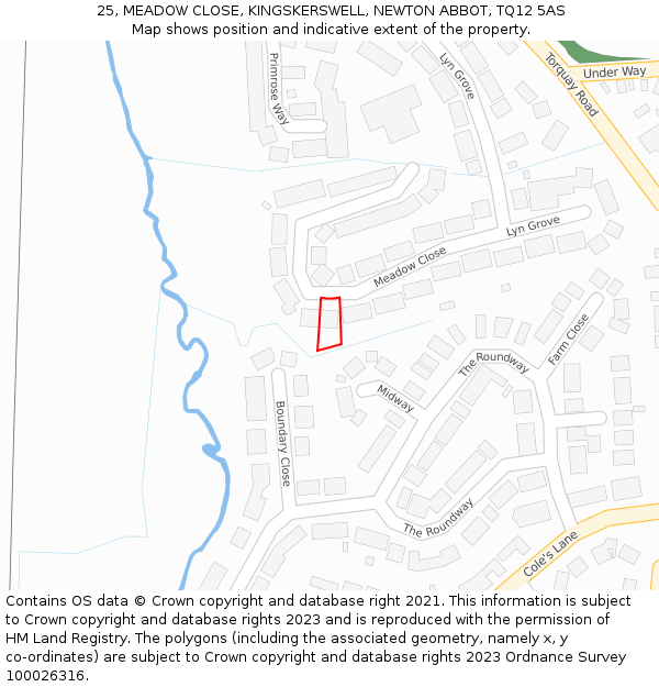 25, MEADOW CLOSE, KINGSKERSWELL, NEWTON ABBOT, TQ12 5AS: Location map and indicative extent of plot