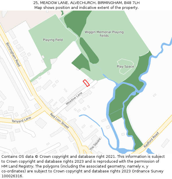 25, MEADOW LANE, ALVECHURCH, BIRMINGHAM, B48 7LH: Location map and indicative extent of plot