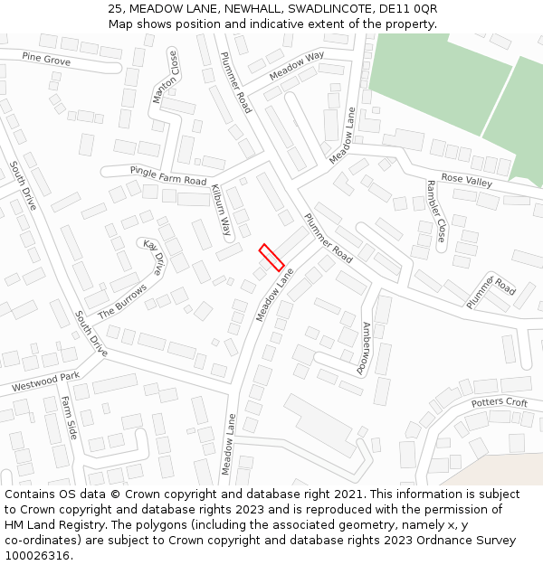 25, MEADOW LANE, NEWHALL, SWADLINCOTE, DE11 0QR: Location map and indicative extent of plot