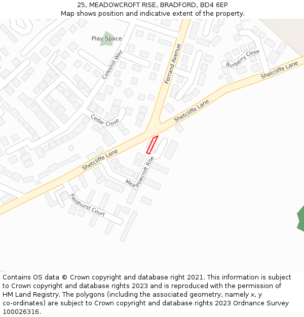 25, MEADOWCROFT RISE, BRADFORD, BD4 6EP: Location map and indicative extent of plot