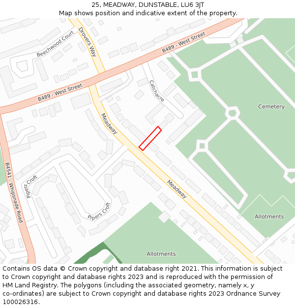 25, MEADWAY, DUNSTABLE, LU6 3JT: Location map and indicative extent of plot