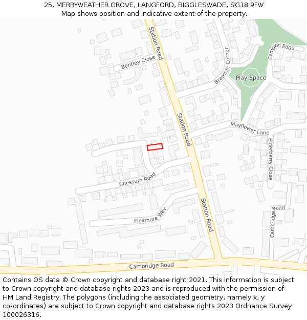 25, MERRYWEATHER GROVE, LANGFORD, BIGGLESWADE, SG18 9FW: Location map and indicative extent of plot