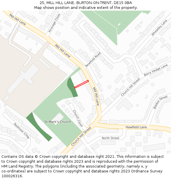 25, MILL HILL LANE, BURTON-ON-TRENT, DE15 0BA: Location map and indicative extent of plot
