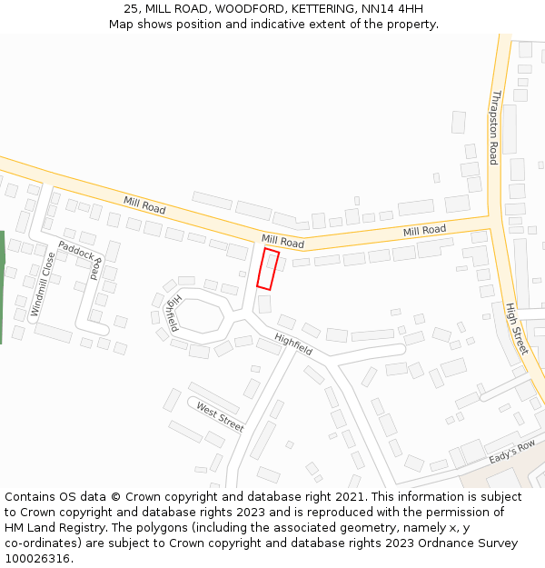 25, MILL ROAD, WOODFORD, KETTERING, NN14 4HH: Location map and indicative extent of plot