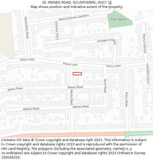 25, MONKS ROAD, SCUNTHORPE, DN17 1JJ: Location map and indicative extent of plot