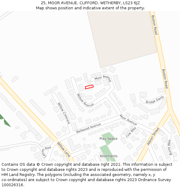 25, MOOR AVENUE, CLIFFORD, WETHERBY, LS23 6JZ: Location map and indicative extent of plot