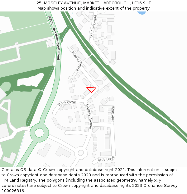 25, MOSELEY AVENUE, MARKET HARBOROUGH, LE16 9HT: Location map and indicative extent of plot