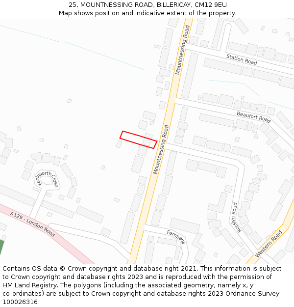25, MOUNTNESSING ROAD, BILLERICAY, CM12 9EU: Location map and indicative extent of plot