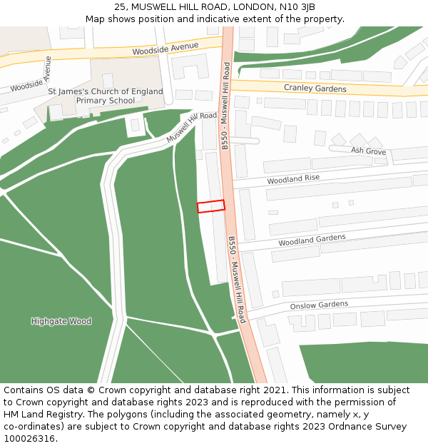 25, MUSWELL HILL ROAD, LONDON, N10 3JB: Location map and indicative extent of plot