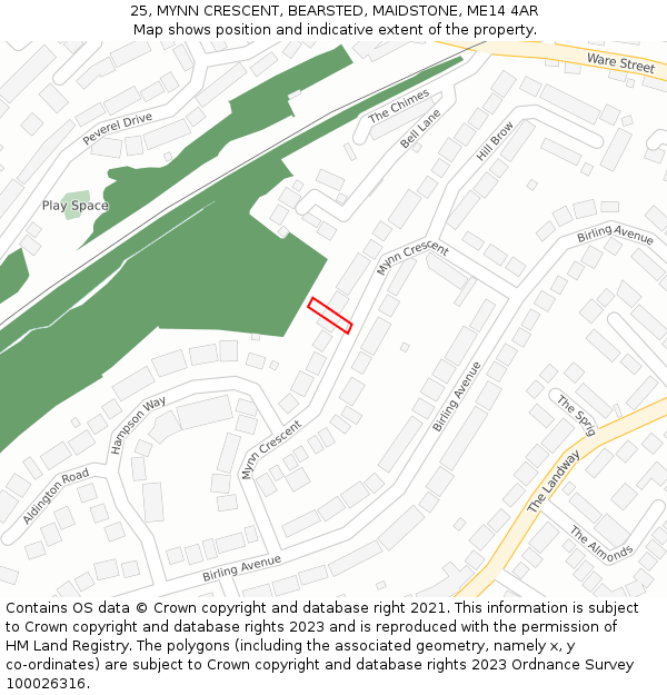 25, MYNN CRESCENT, BEARSTED, MAIDSTONE, ME14 4AR: Location map and indicative extent of plot