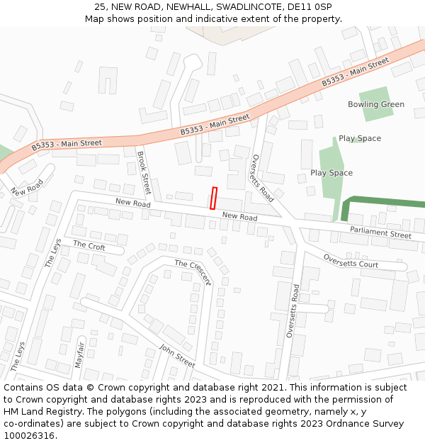 25, NEW ROAD, NEWHALL, SWADLINCOTE, DE11 0SP: Location map and indicative extent of plot