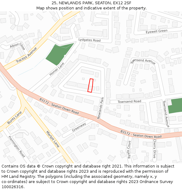 25, NEWLANDS PARK, SEATON, EX12 2SF: Location map and indicative extent of plot