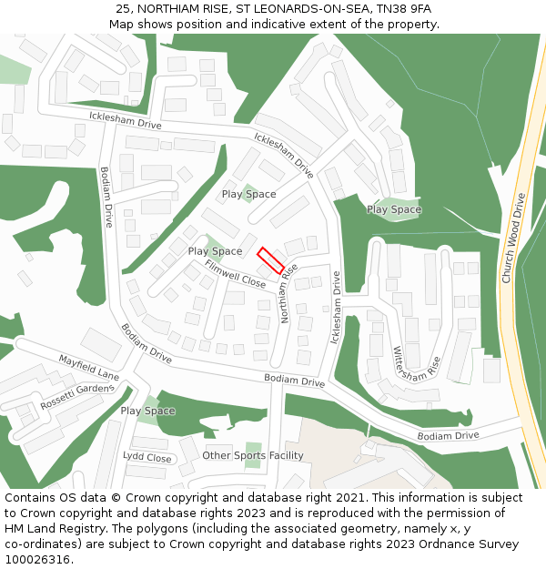 25, NORTHIAM RISE, ST LEONARDS-ON-SEA, TN38 9FA: Location map and indicative extent of plot