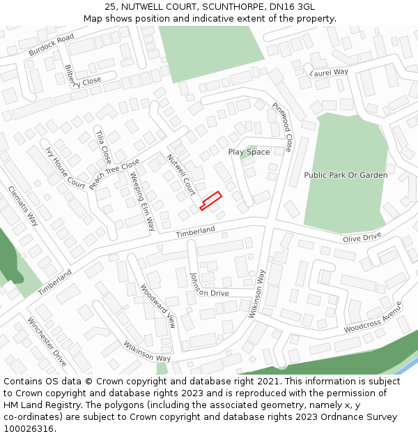 25, NUTWELL COURT, SCUNTHORPE, DN16 3GL: Location map and indicative extent of plot
