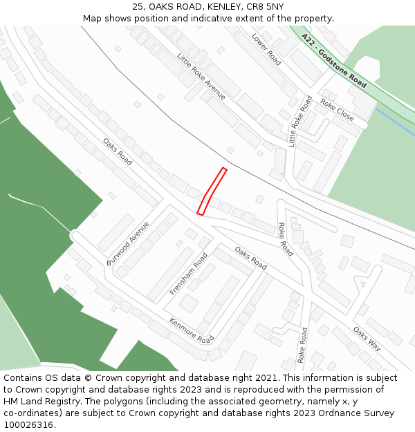 25, OAKS ROAD, KENLEY, CR8 5NY: Location map and indicative extent of plot