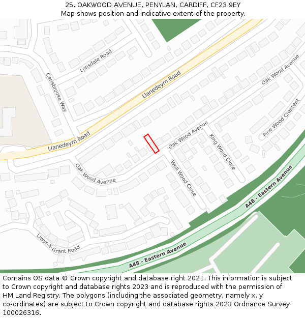25, OAKWOOD AVENUE, PENYLAN, CARDIFF, CF23 9EY: Location map and indicative extent of plot