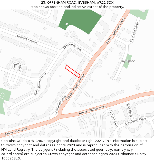 25, OFFENHAM ROAD, EVESHAM, WR11 3DX: Location map and indicative extent of plot