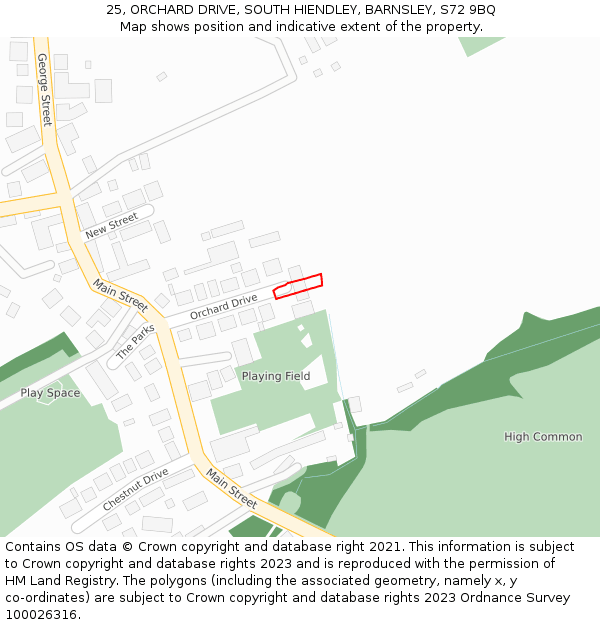25, ORCHARD DRIVE, SOUTH HIENDLEY, BARNSLEY, S72 9BQ: Location map and indicative extent of plot