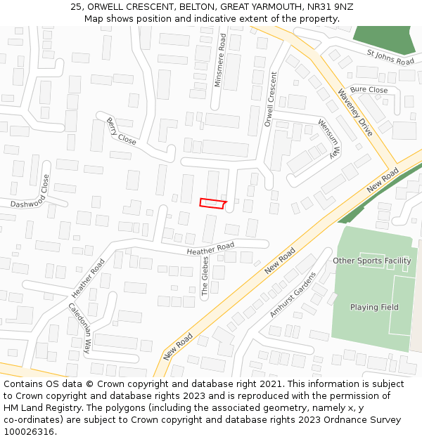 25, ORWELL CRESCENT, BELTON, GREAT YARMOUTH, NR31 9NZ: Location map and indicative extent of plot
