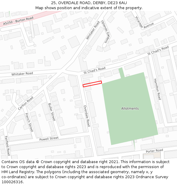 25, OVERDALE ROAD, DERBY, DE23 6AU: Location map and indicative extent of plot