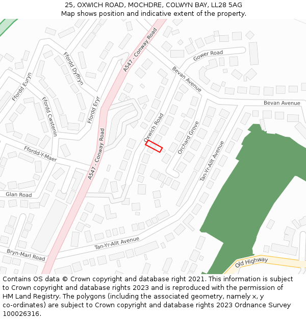 25, OXWICH ROAD, MOCHDRE, COLWYN BAY, LL28 5AG: Location map and indicative extent of plot