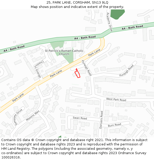 25, PARK LANE, CORSHAM, SN13 9LQ: Location map and indicative extent of plot