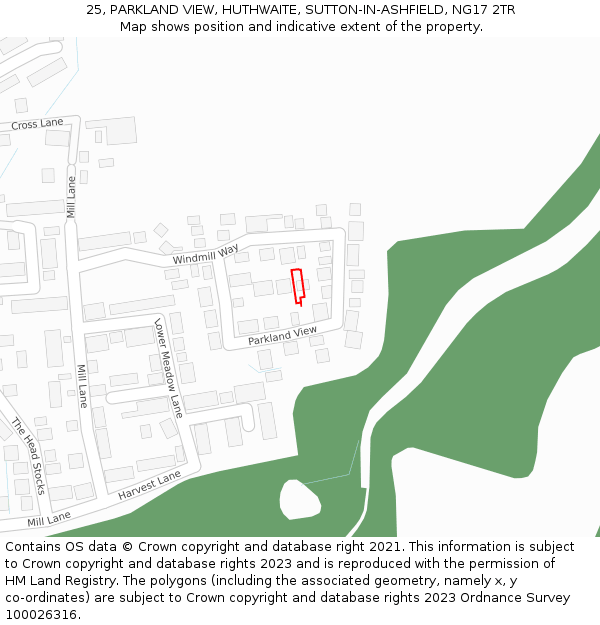 25, PARKLAND VIEW, HUTHWAITE, SUTTON-IN-ASHFIELD, NG17 2TR: Location map and indicative extent of plot