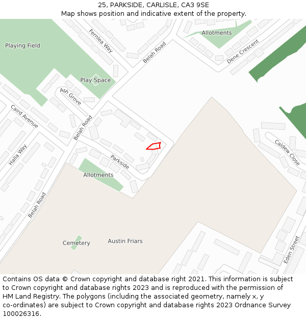 25, PARKSIDE, CARLISLE, CA3 9SE: Location map and indicative extent of plot