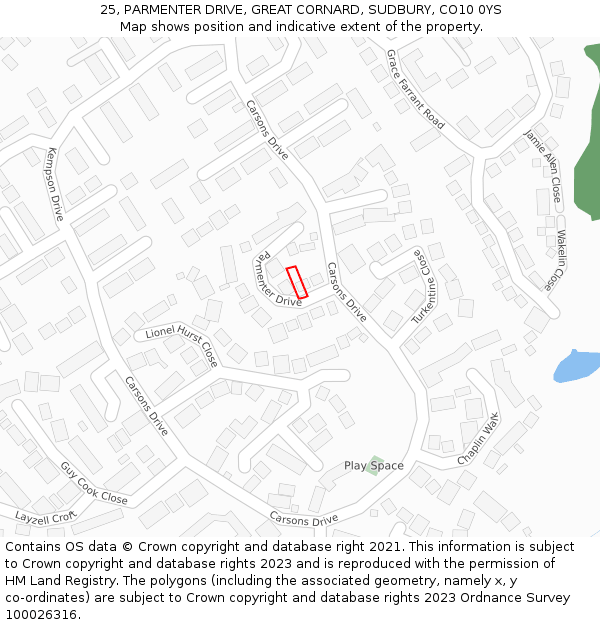 25, PARMENTER DRIVE, GREAT CORNARD, SUDBURY, CO10 0YS: Location map and indicative extent of plot