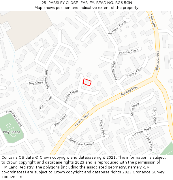 25, PARSLEY CLOSE, EARLEY, READING, RG6 5GN: Location map and indicative extent of plot