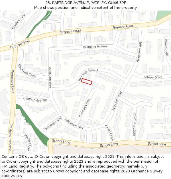 25, PARTRIDGE AVENUE, YATELEY, GU46 6PB: Location map and indicative extent of plot