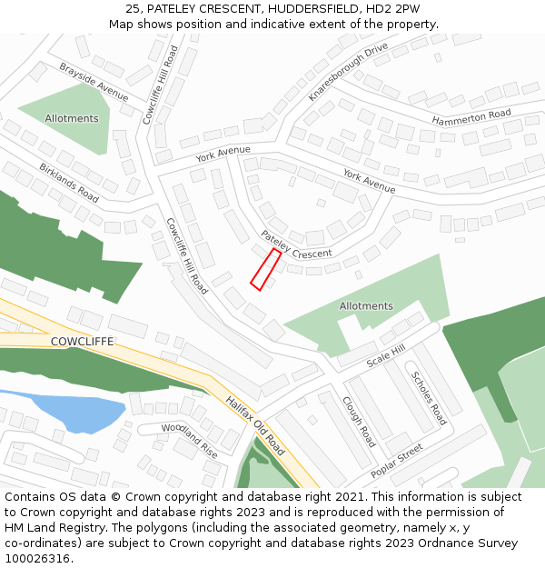 25, PATELEY CRESCENT, HUDDERSFIELD, HD2 2PW: Location map and indicative extent of plot
