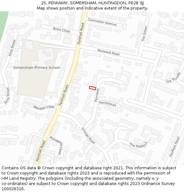 25, PENNWAY, SOMERSHAM, HUNTINGDON, PE28 3JJ: Location map and indicative extent of plot