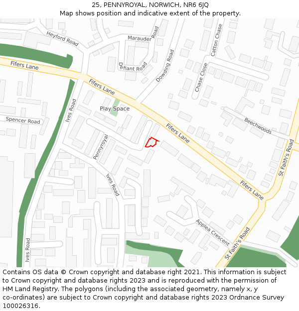 25, PENNYROYAL, NORWICH, NR6 6JQ: Location map and indicative extent of plot