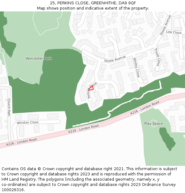 25, PERKINS CLOSE, GREENHITHE, DA9 9QF: Location map and indicative extent of plot