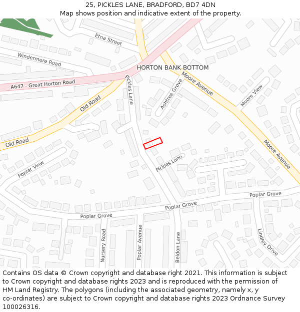 25, PICKLES LANE, BRADFORD, BD7 4DN: Location map and indicative extent of plot