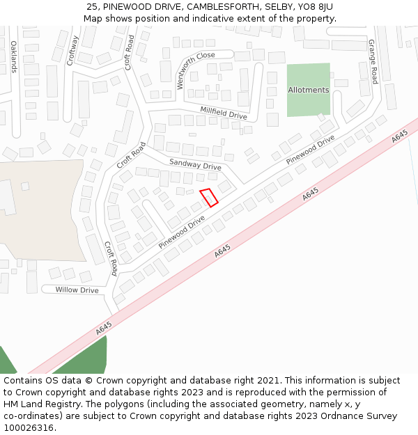 25, PINEWOOD DRIVE, CAMBLESFORTH, SELBY, YO8 8JU: Location map and indicative extent of plot