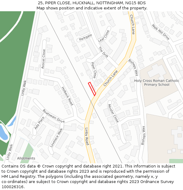 25, PIPER CLOSE, HUCKNALL, NOTTINGHAM, NG15 8DS: Location map and indicative extent of plot