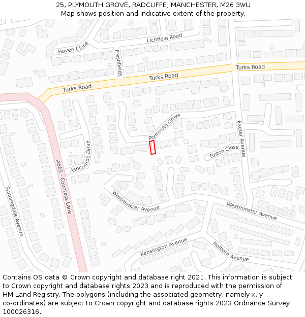 25, PLYMOUTH GROVE, RADCLIFFE, MANCHESTER, M26 3WU: Location map and indicative extent of plot