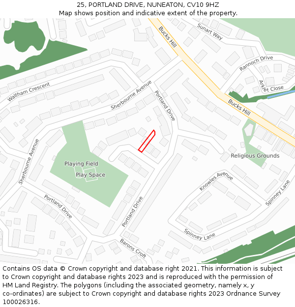 25, PORTLAND DRIVE, NUNEATON, CV10 9HZ: Location map and indicative extent of plot
