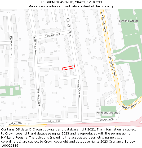 25, PREMIER AVENUE, GRAYS, RM16 2SB: Location map and indicative extent of plot