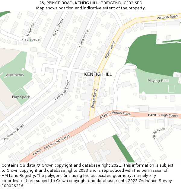 25, PRINCE ROAD, KENFIG HILL, BRIDGEND, CF33 6ED: Location map and indicative extent of plot