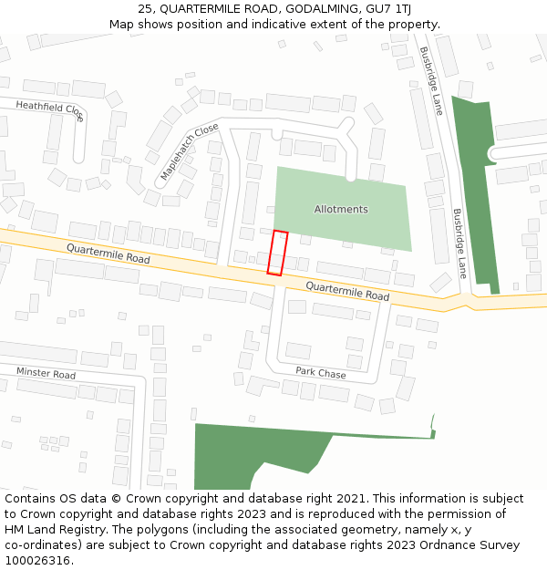 25, QUARTERMILE ROAD, GODALMING, GU7 1TJ: Location map and indicative extent of plot