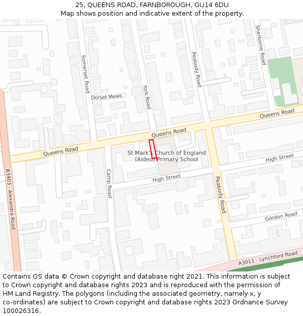 25, QUEENS ROAD, FARNBOROUGH, GU14 6DU: Location map and indicative extent of plot