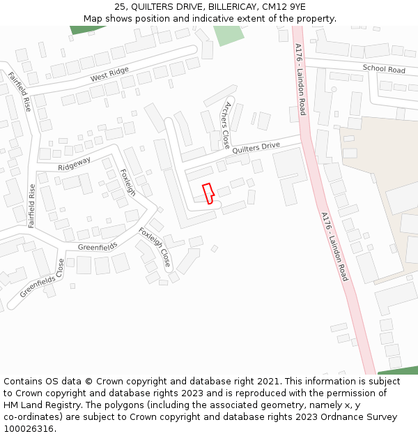 25, QUILTERS DRIVE, BILLERICAY, CM12 9YE: Location map and indicative extent of plot