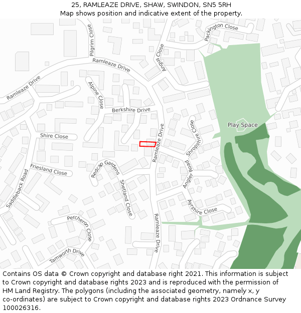 25, RAMLEAZE DRIVE, SHAW, SWINDON, SN5 5RH: Location map and indicative extent of plot